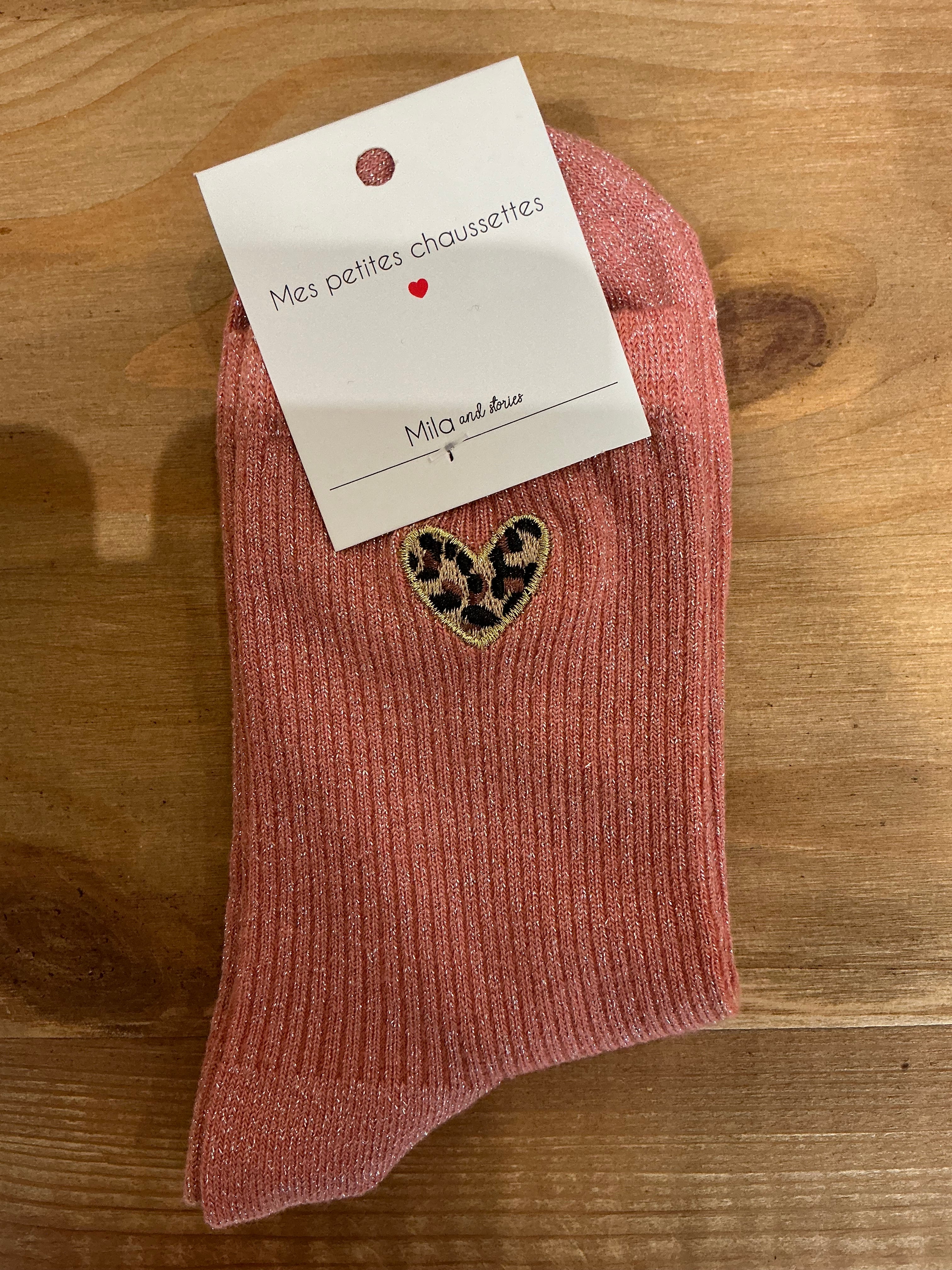 Chaussettes à paillettes cœur léopard