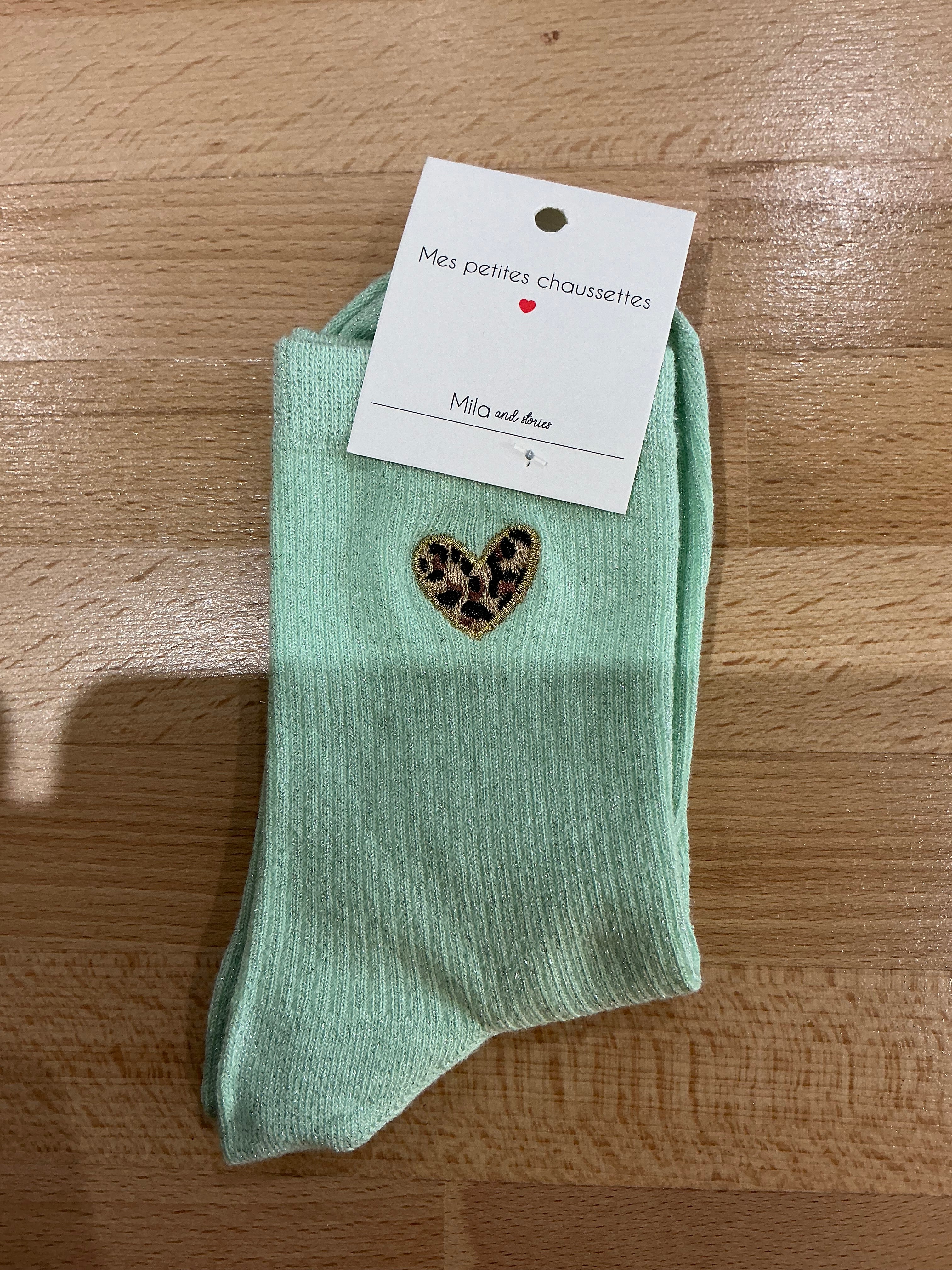 Chaussettes à paillettes cœur léopard