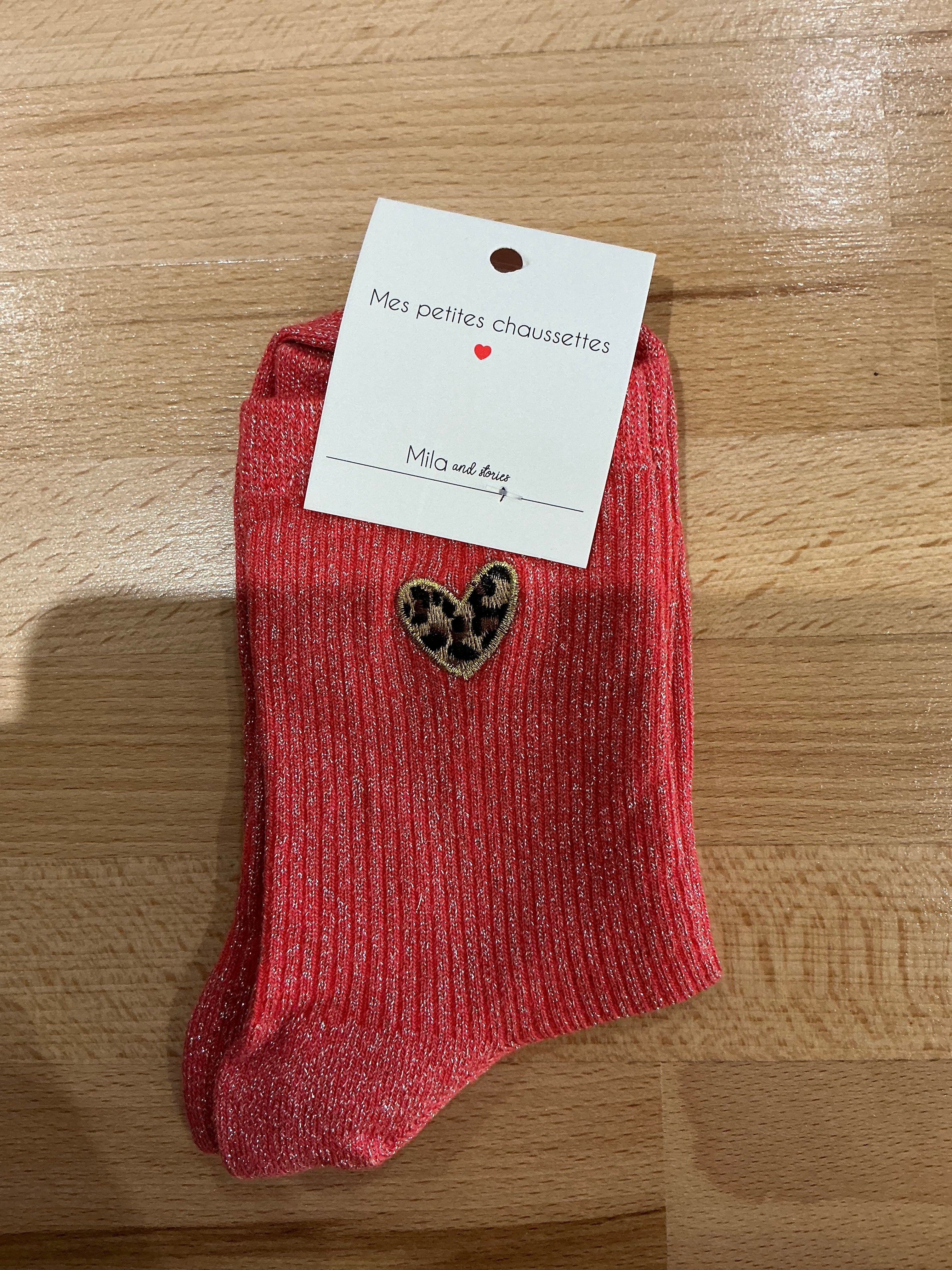 Chaussettes à paillettes cœur léopard