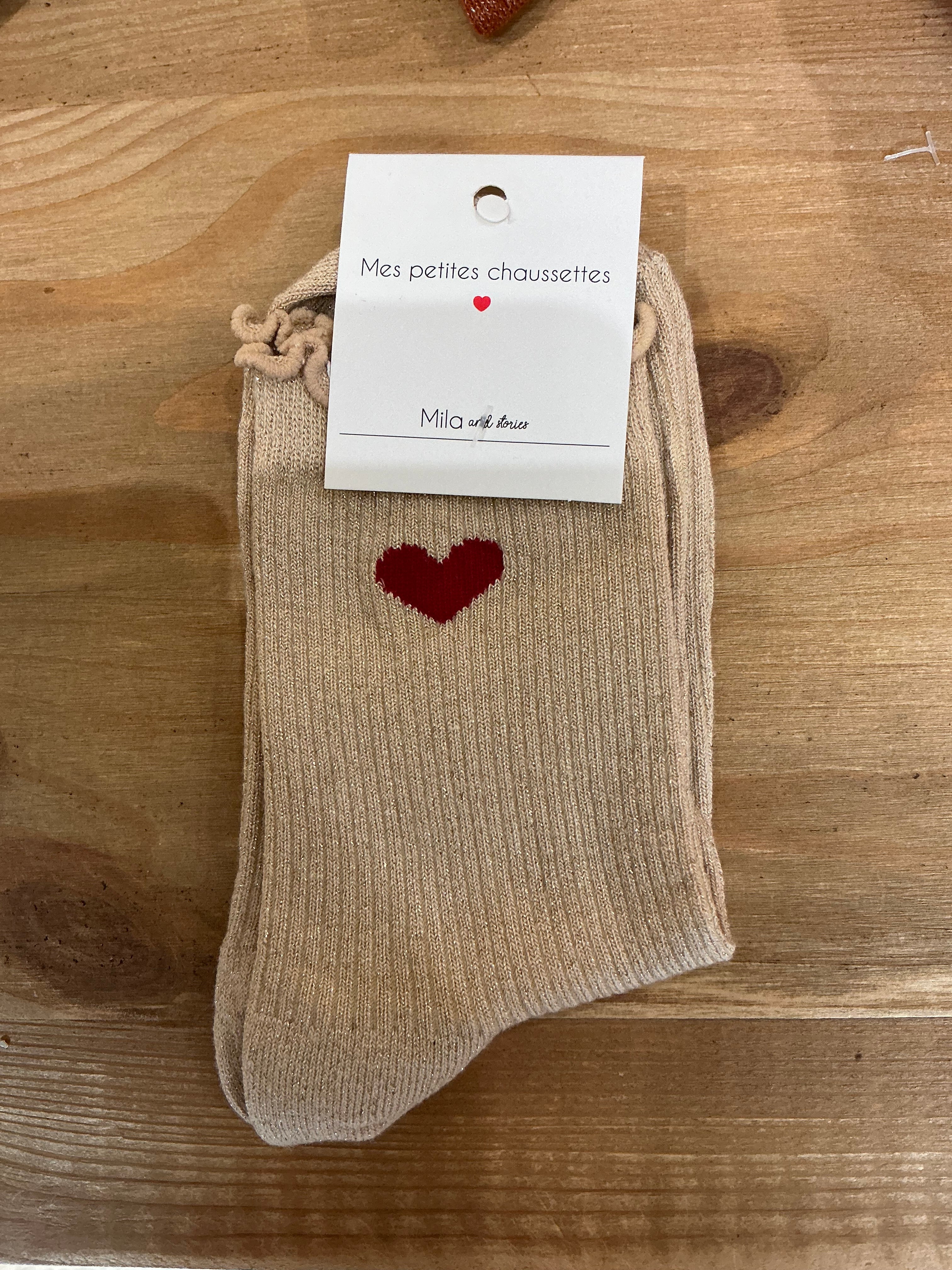 Chaussettes à paillettes doré cœur rouge