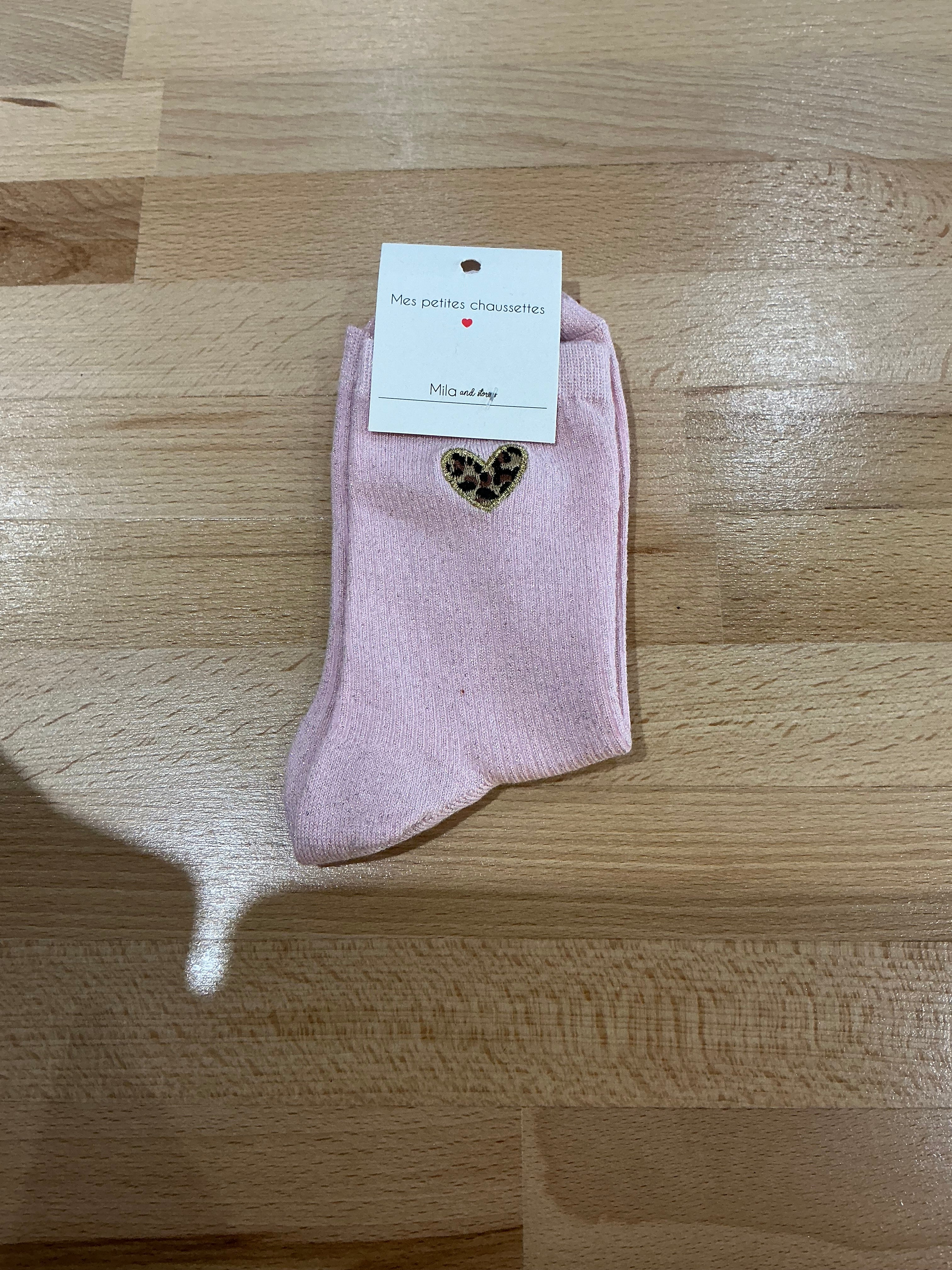 Chaussettes à paillettes cœur léopard